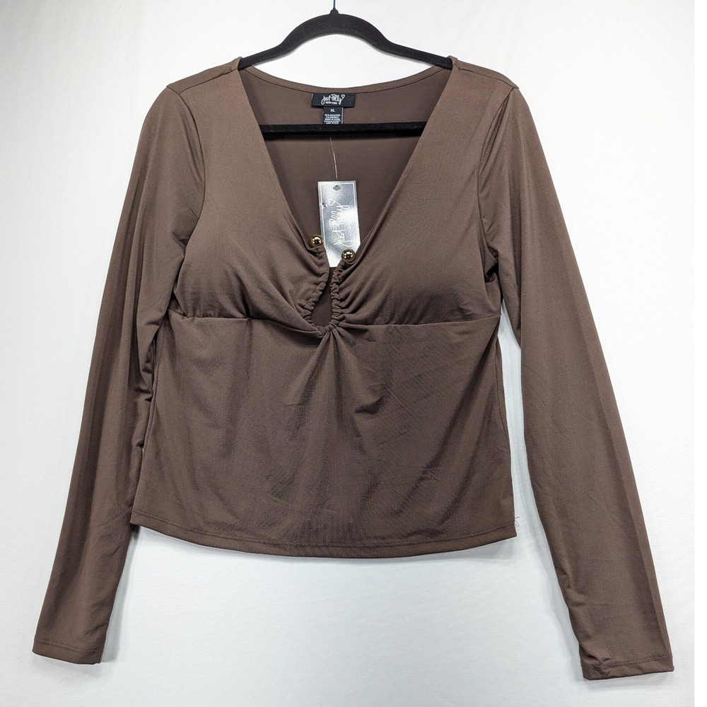 Just Polly Brown Long Sleeve V-Neck Ruched Keyhole Top Gold‎ Beads XL